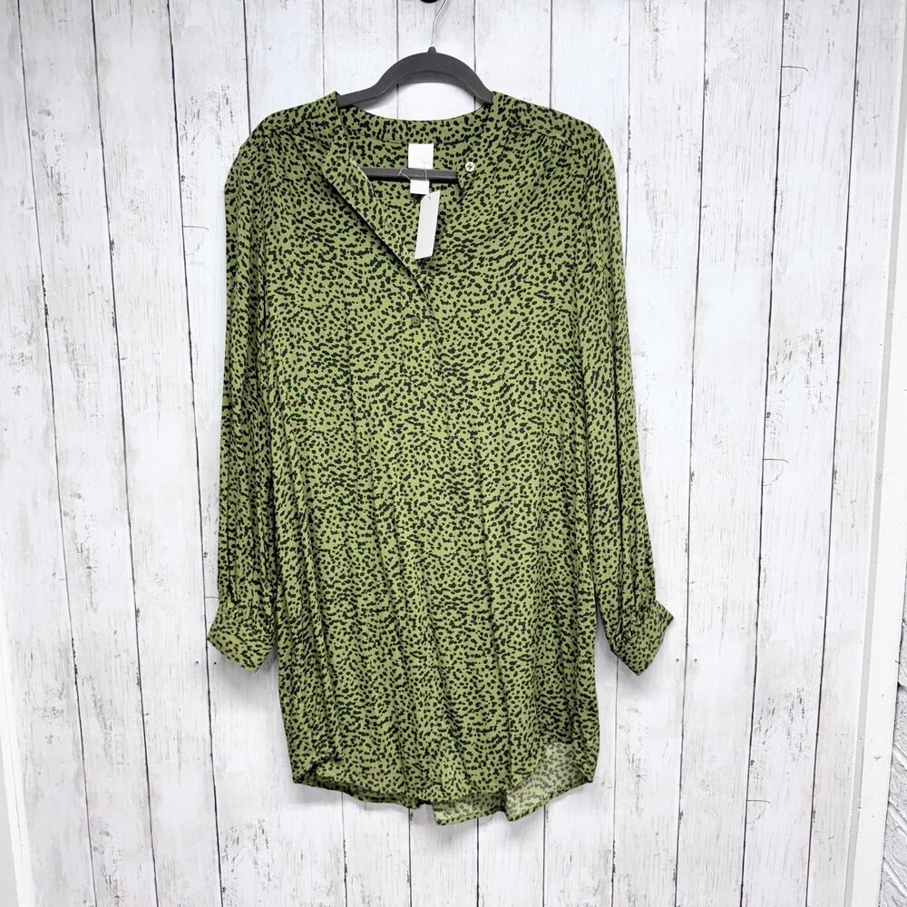 H&M Dress Women Size 2 Green Animal Print Long Sleeve Tunic‎ Midi Button Front